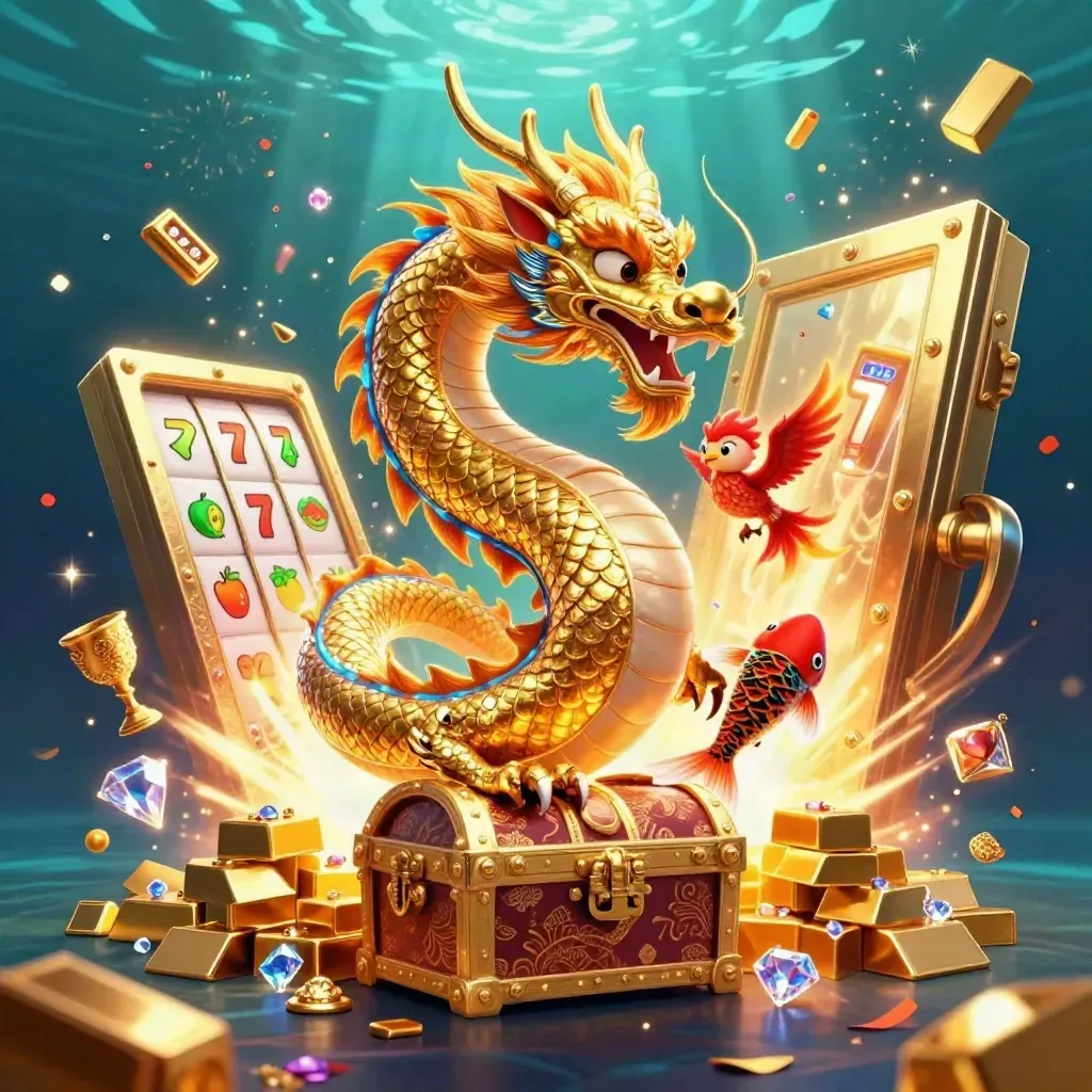 Naga emas, koi, dan phoenix di atas peti harta dengan efek neon di dasar laut.