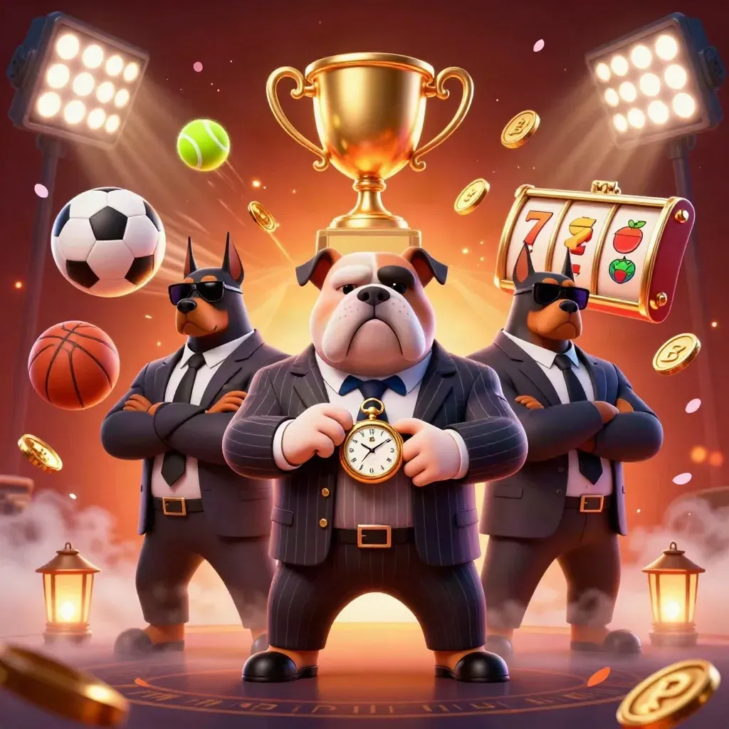 Buldog bos mafia dan dua doberman di tengah ledakan bola, koin, dan simbol slot neon.