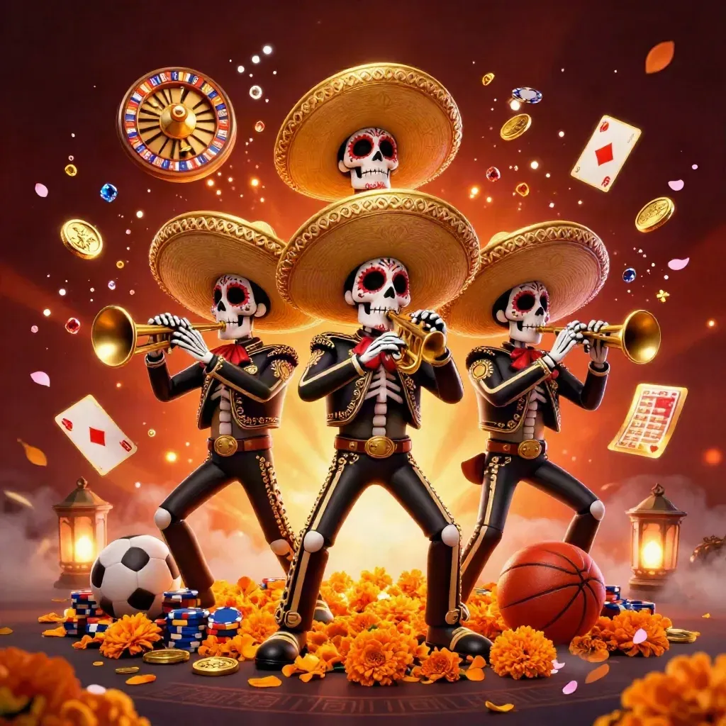 Tiga kerangka mariachi dikelilingi koin emas, kartu, chip, dan cahaya neon premium.