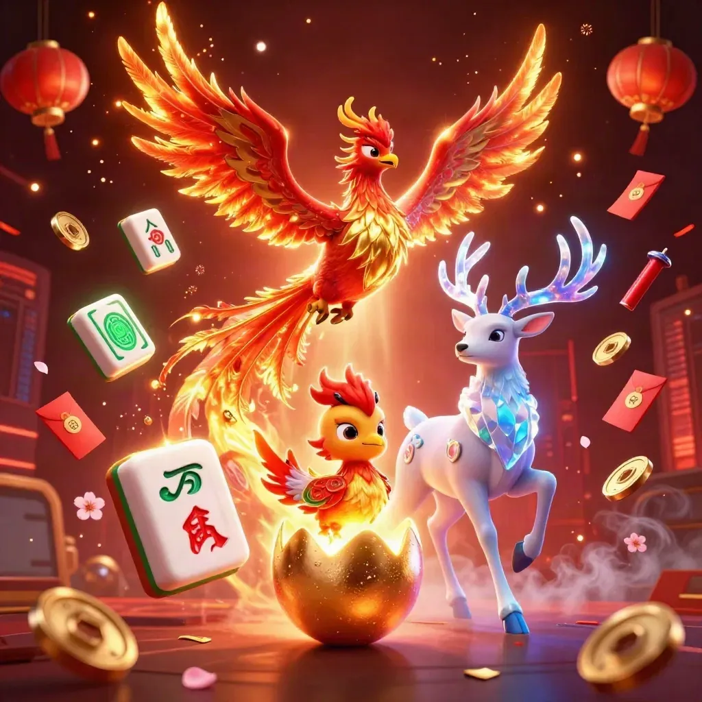 Phoenix api, bayi phoenix, dan rusa kristal di latar kasino neon gelap