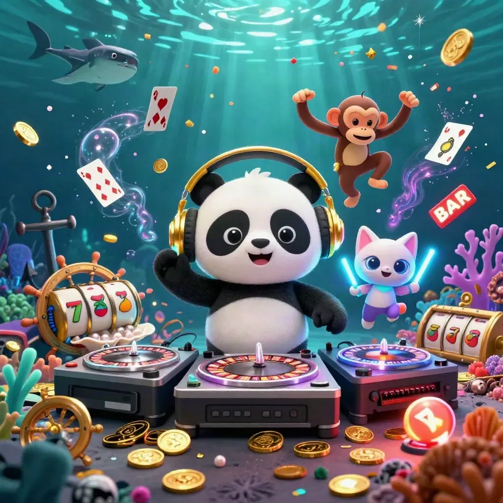 Panda DJ, monyet breakdance, dan anak kucing rave di bawah laut penuh koin, neon, dan slot.