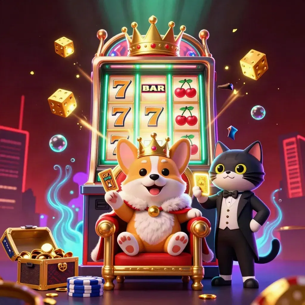 Corghi kerajaan dan pelayan kucing di atas slot machine, emas dan neon meledak.