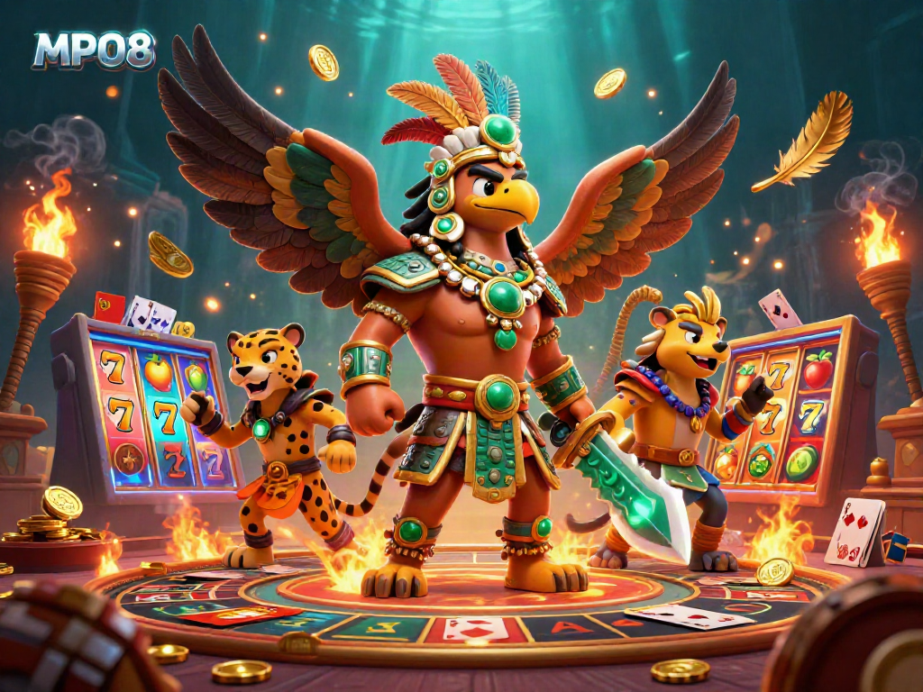 Experience thrilling gaming with MPO08 in a vibrant 3D online casino featuring Aztec warriors.