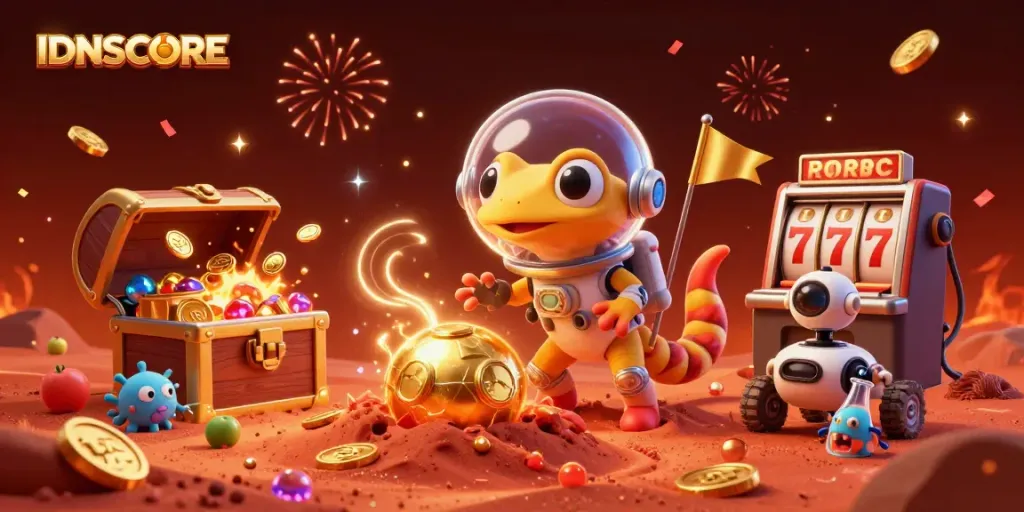 Join the Martian adventure with IDNSCORE at a golden casino, celebrating wins and jackpots!