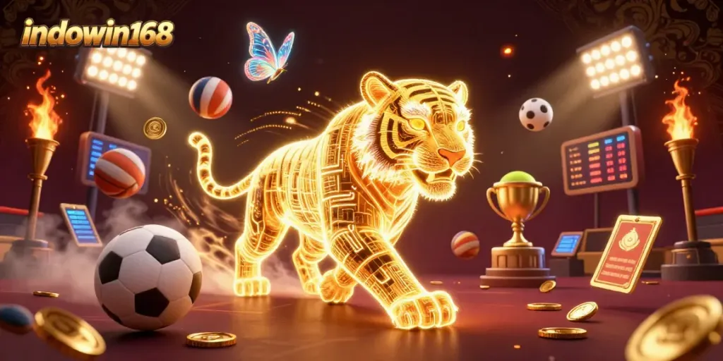 Experience sports excitement with indowin168 as a neon tiger leads a dynamic casino scene.