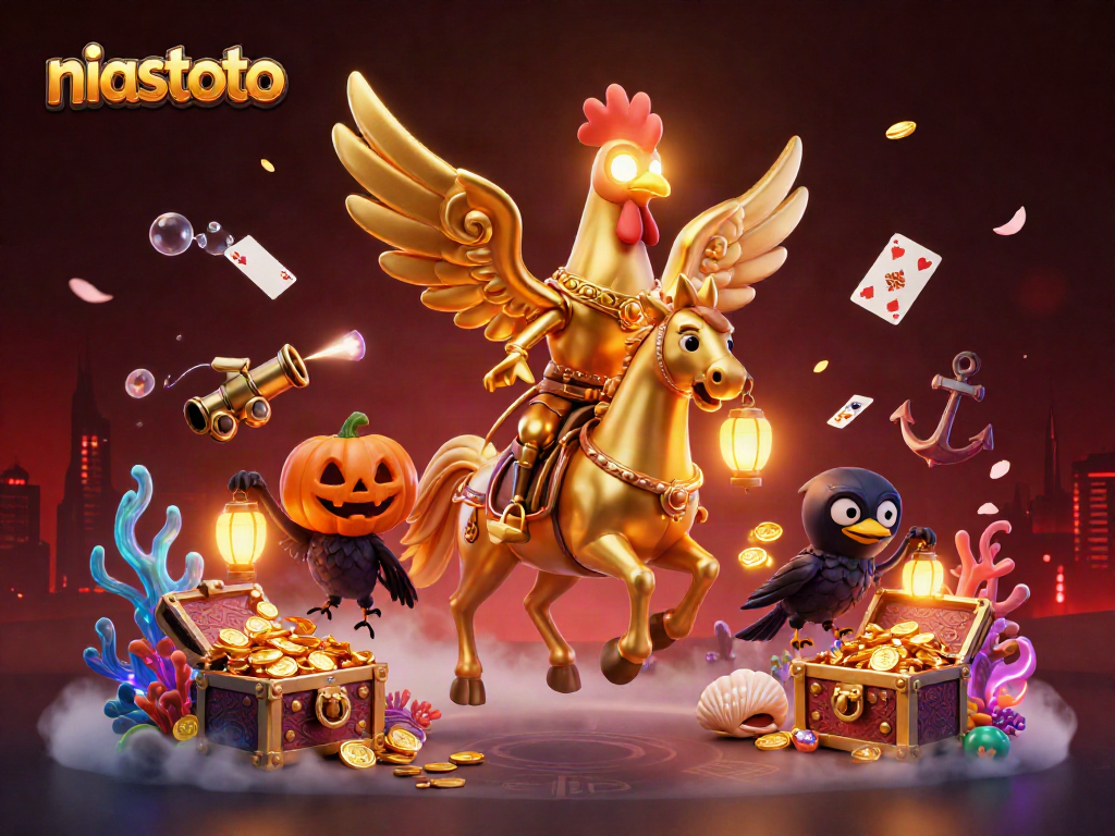 High-energy scene of niastoto's magical casino world, featuring golden rooster representing luck.
