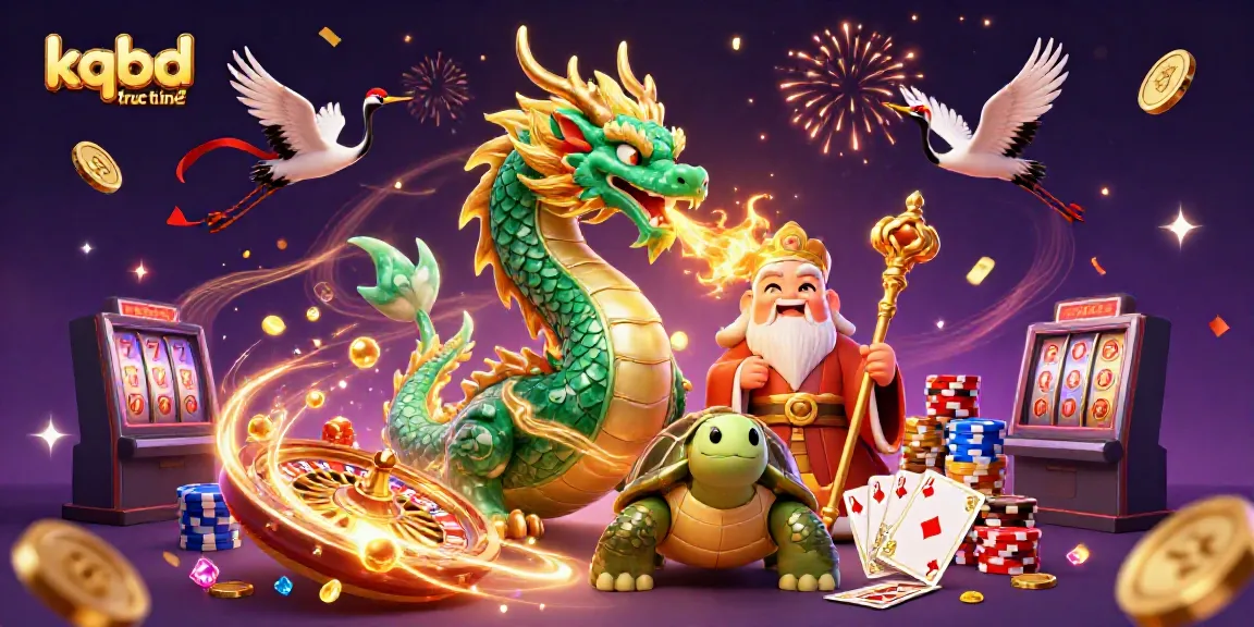 Engage with kqbd truc tuyến featuring a majestic dragon, wise turtle, and lucky cranes amidst a dynamic casino environment.