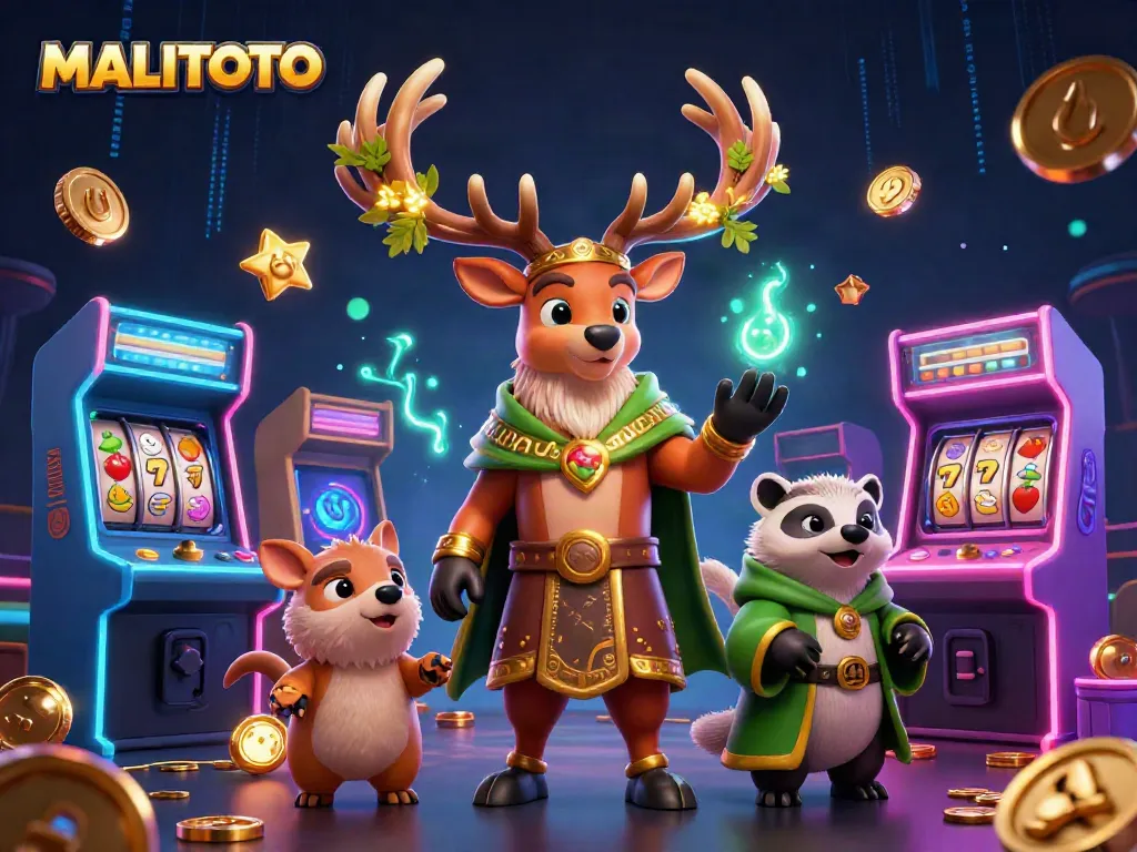 MALITOTO features a dynamic scene with a druid stag, badger, and gaming elements showcasing slots.