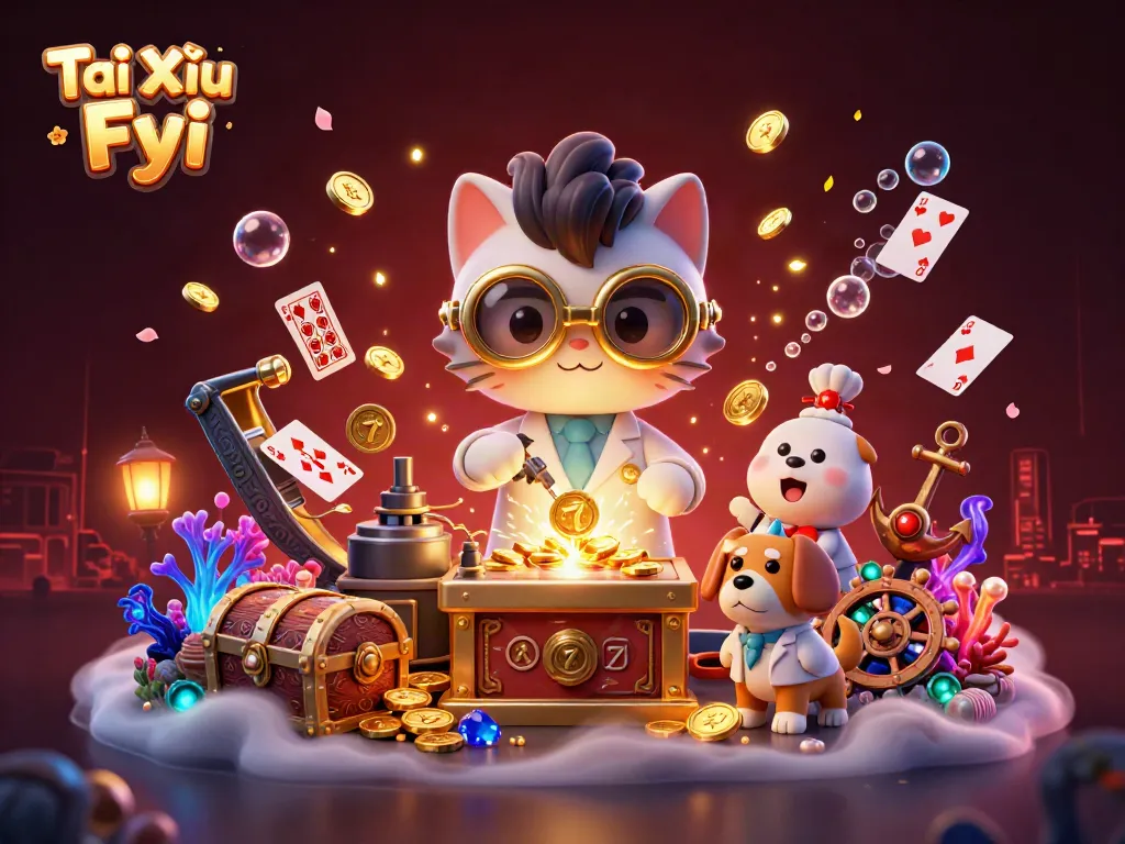 Tài Xỉu Fyi showcases a lively casino atmosphere with a mad scientist cat and dog immersed in gambling excitement.