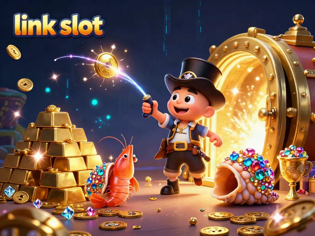 Memenangkan jackpot di link slot dengan ilustrasi terbuka harta karun yang megah dan simbol slot.