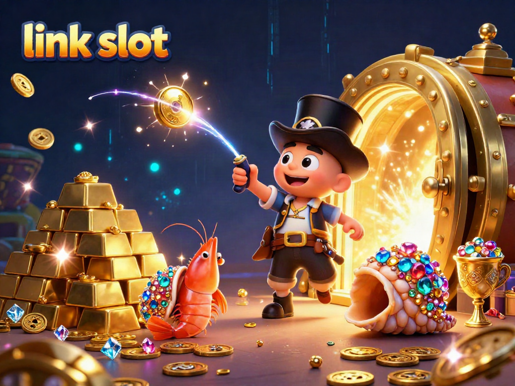 Memenangkan jackpot di link slot dengan ilustrasi terbuka harta karun yang megah dan simbol slot.