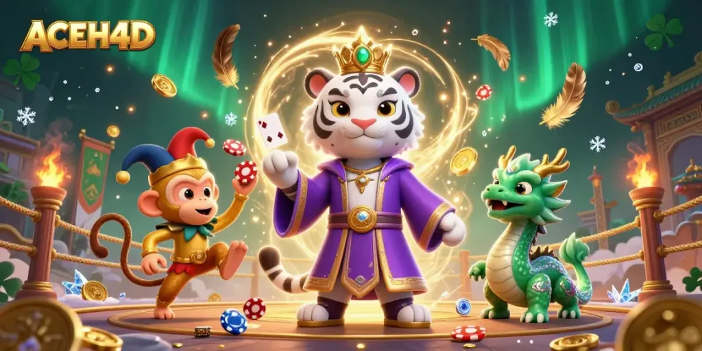 Engage with ACEH4D's thrilling 3D casino illustration showcasing a lucky tiger and dynamic elements.