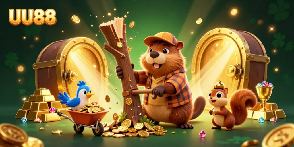 UU88 brings excitement with a 3D cartoon beaver in a casino-themed scene collecting gold coins.