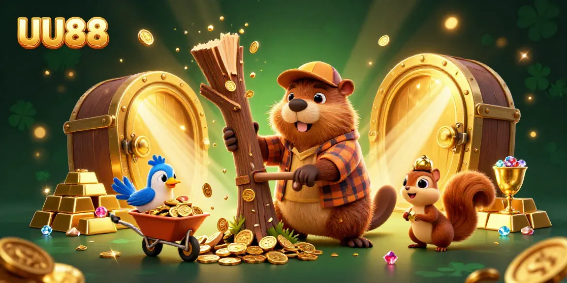 UU88 brings excitement with a 3D cartoon beaver in a casino-themed scene collecting gold coins.