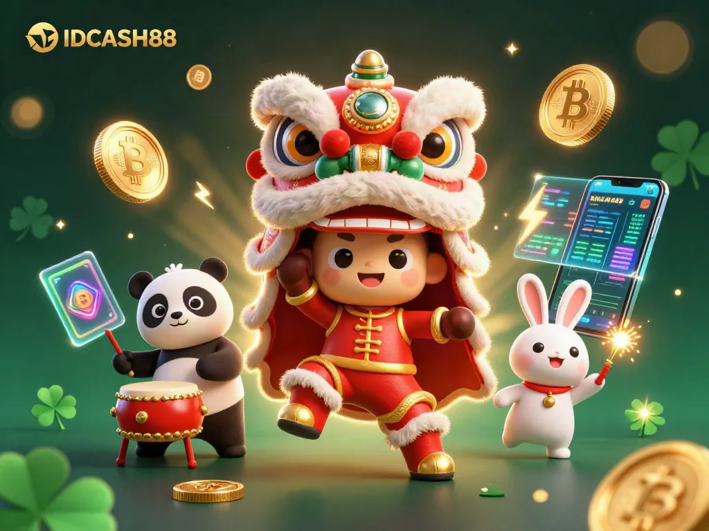 Experience IDCASH88 with this vibrant illustration featuring a Chinese lion dance, crypto coins, and festive elements.