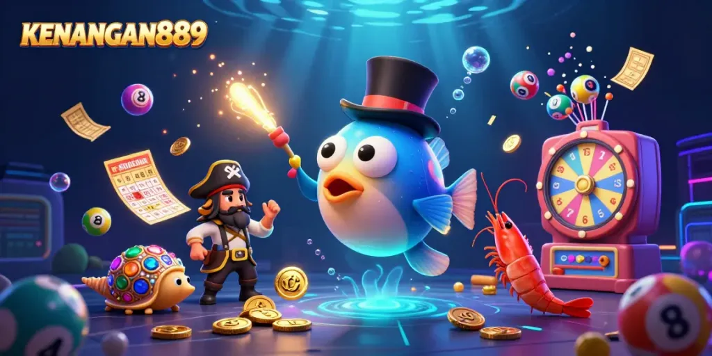 Engage with KENANGAN889 as a glowing anglerfish attracts treasures in this vibrant casino scene.