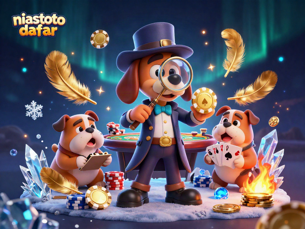 Gambarkan niastoto daftar dengan detektif anjing menyelidiki chip poker emas di arena perjudian.