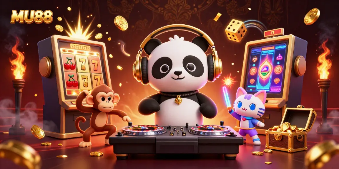 MU88 showcases a vibrant casino party scene with a DJ panda and dancing characters in a lively atmosphere.