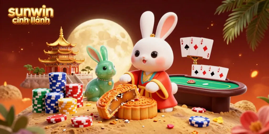 Experience sunwin chính hãng with a vibrant 3D illustration showcasing a moon rabbit and poker gaming themes.