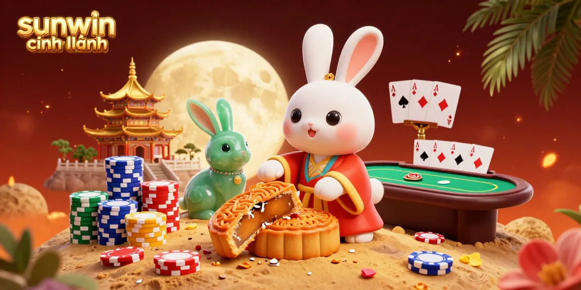 Experience sunwin chính hãng with a vibrant 3D illustration showcasing a moon rabbit and poker gaming themes.