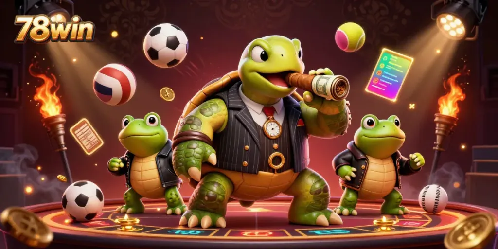 Experience the thrill of 78win with a dynamic 3D scene featuring casino elements and characters.
