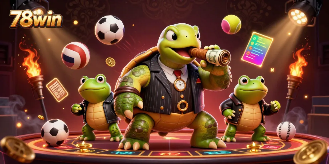 Experience the thrill of 78win with a dynamic 3D scene featuring casino elements and characters.