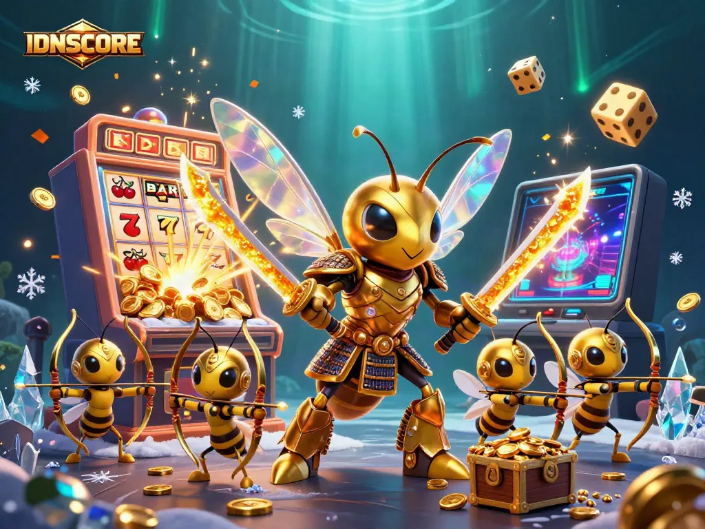 Experience the excitement of IDNSCORE with a vivid casino illustration featuring dynamic characters and games.