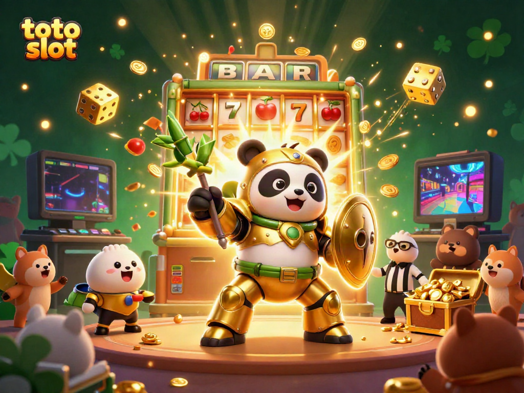Experience the thrilling world of toto slot with a golden panda in a mech-suit amidst a jackpot explosion.