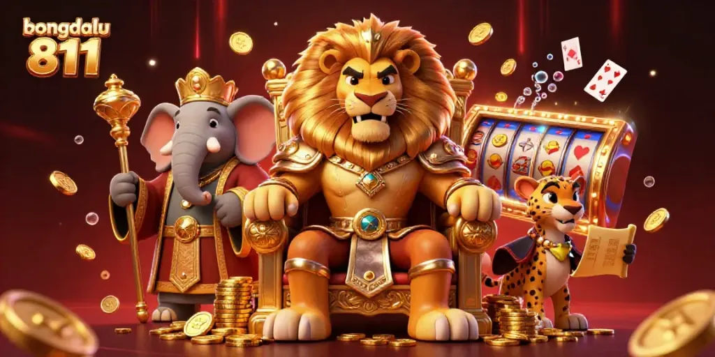 Bongdalu 811 showcases an energetic scene of a lion king with casino elements, representing a premium gambling experience.