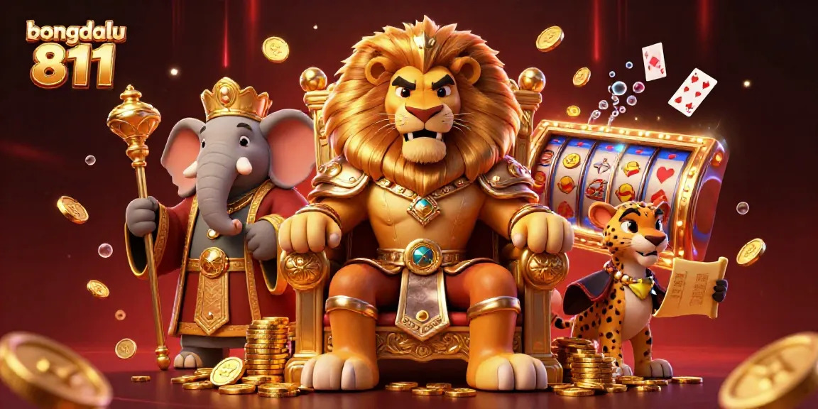 Bongdalu 811 showcases an energetic scene of a lion king with casino elements, representing a premium gambling experience.