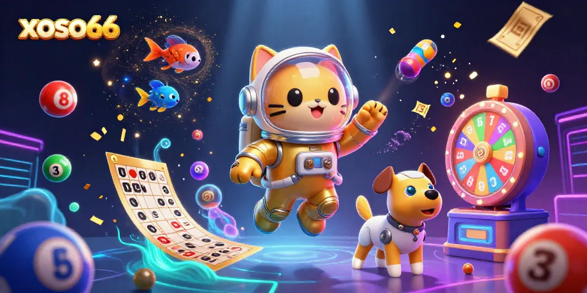 Engage with xoso66's vibrant space gambling scene featuring an astronaut cat and robot dog in a dynamic display.