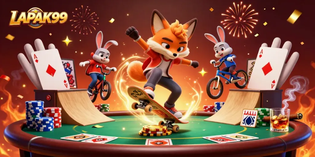 LAPAK99 gaming illustration with a skateboarder fox and BMX rabbit perform tricks on golden poker chips.