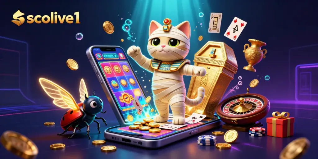 Socolive1 showcases a thrilling casino adventure with an Egyptian mummy cat and a glowing scarab, amidst vibrant gaming action.