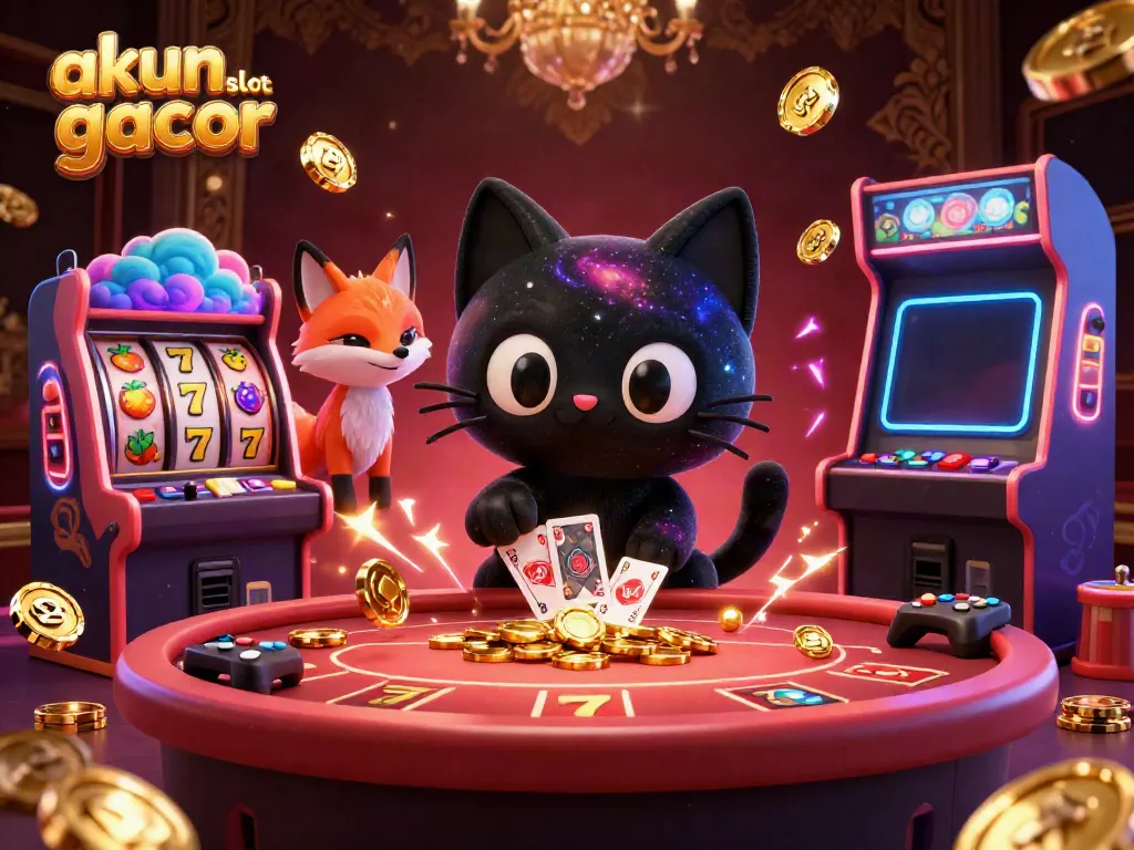 Akun slot gacor yang menarik dengan kucing hitam 3D dan rubah nebula di meja kasino.