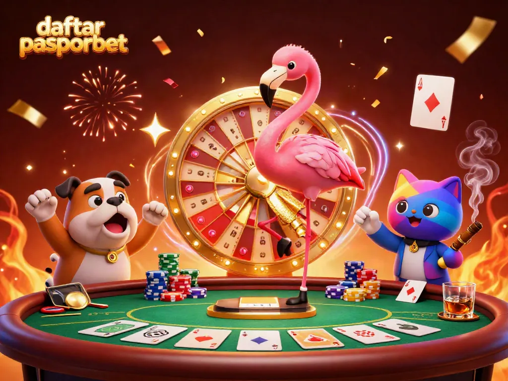 Gambar menarik dari daftar pasporbet dengan karakter kartun meriah dan elemen kasino dalam latar belakang yang mengesankan.