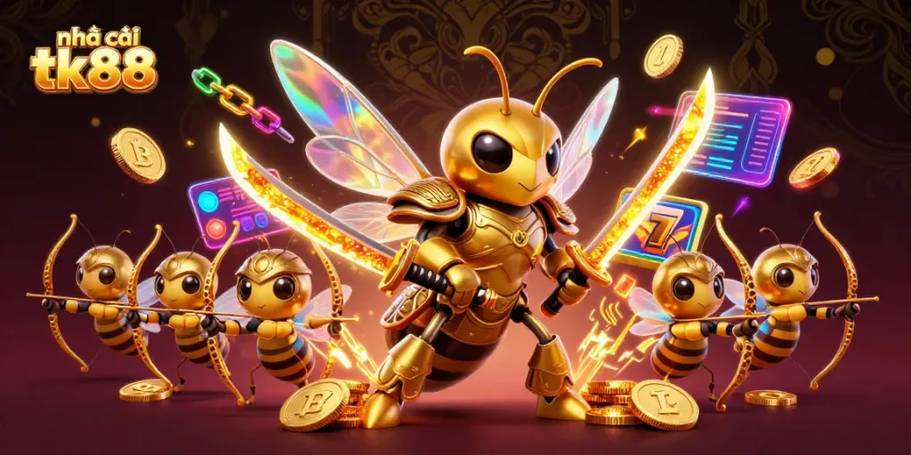 Experience thrilling gameplay at nhà cái tk88 surrounded by vibrant slot reels and crypto coins.