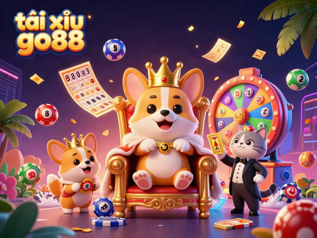 Engaging scene depicting tài xỉu go88 with a royal corgi on a throne and a cat butler amidst vibrant gambling visuals.