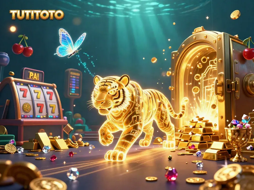 TUTITOTO showcases a vibrant digital casino with a golden tiger surrounded by slot reels and treasures.
