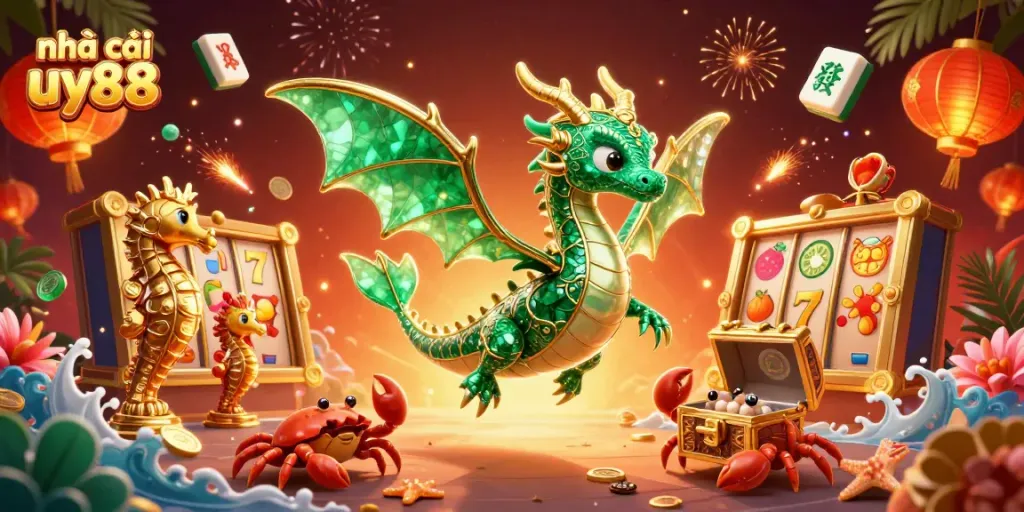 Experience the excitement of nhà cái uy88 with vibrant slot reels, a majestic sea dragon, and a treasure chest.