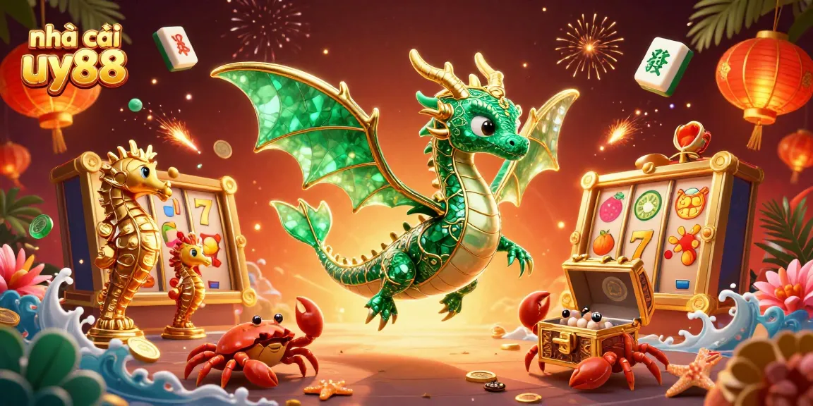Experience the excitement of nhà cái uy88 with vibrant slot reels, a majestic sea dragon, and a treasure chest.