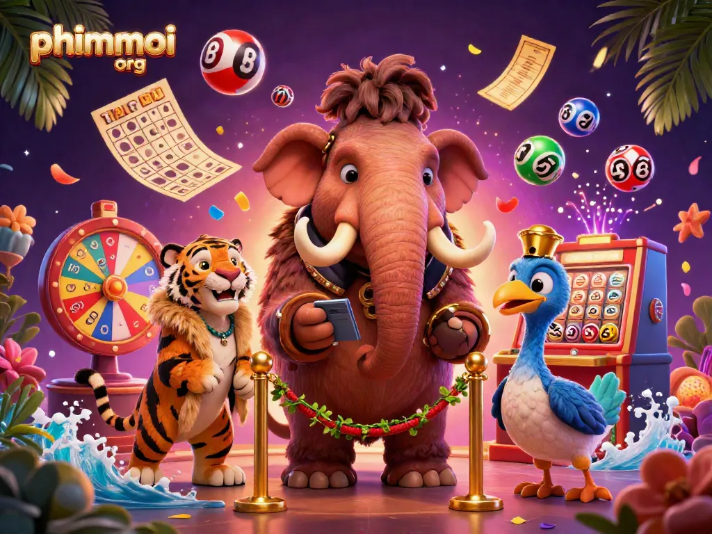 Experience the thrill of phimmoi org with a vibrant casino scene featuring a woolly mammoth bouncer and colorful game elements.