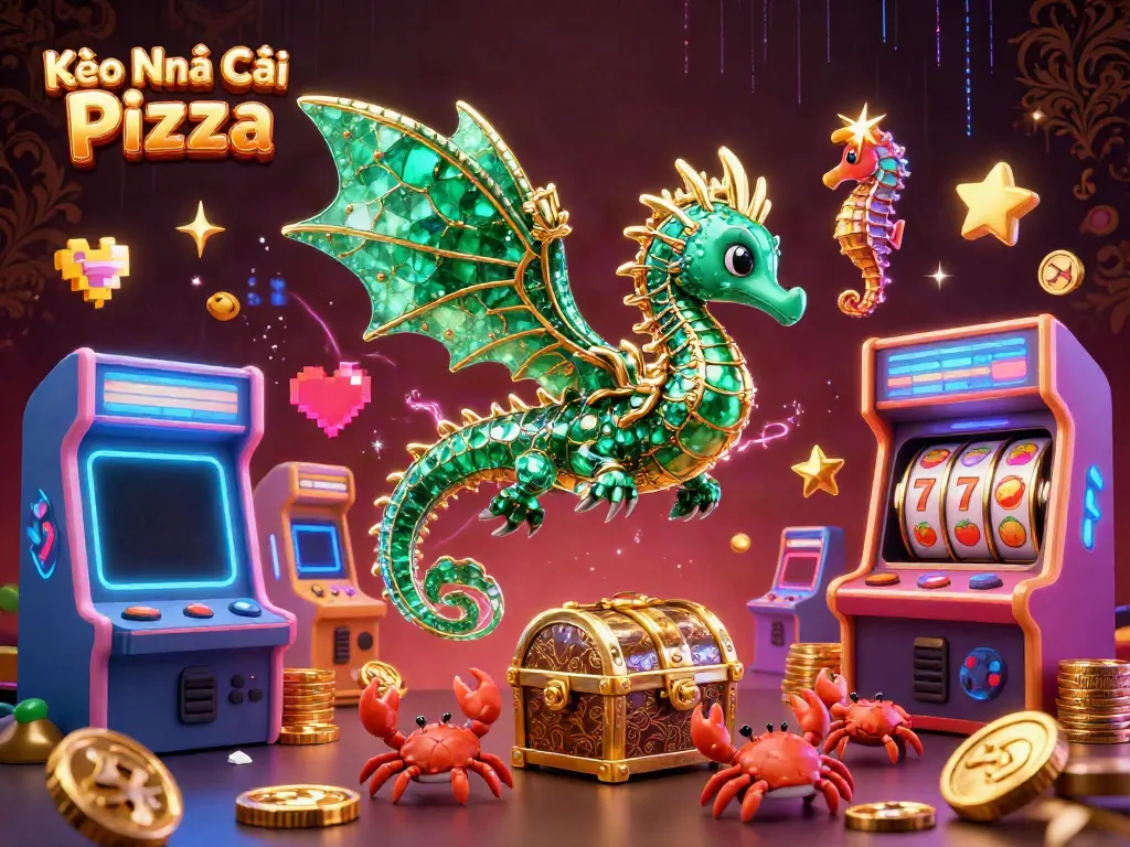 Kèo Nhà Cái Pizza showcases a vibrant scene with a sea dragon and arcade games in a dynamic casino atmosphere.