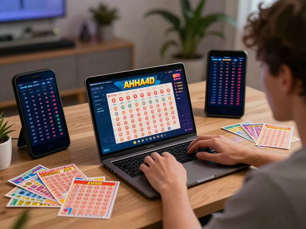 Pengguna AHHA4D bermain lotere online dengan tiket berwarna-warni.