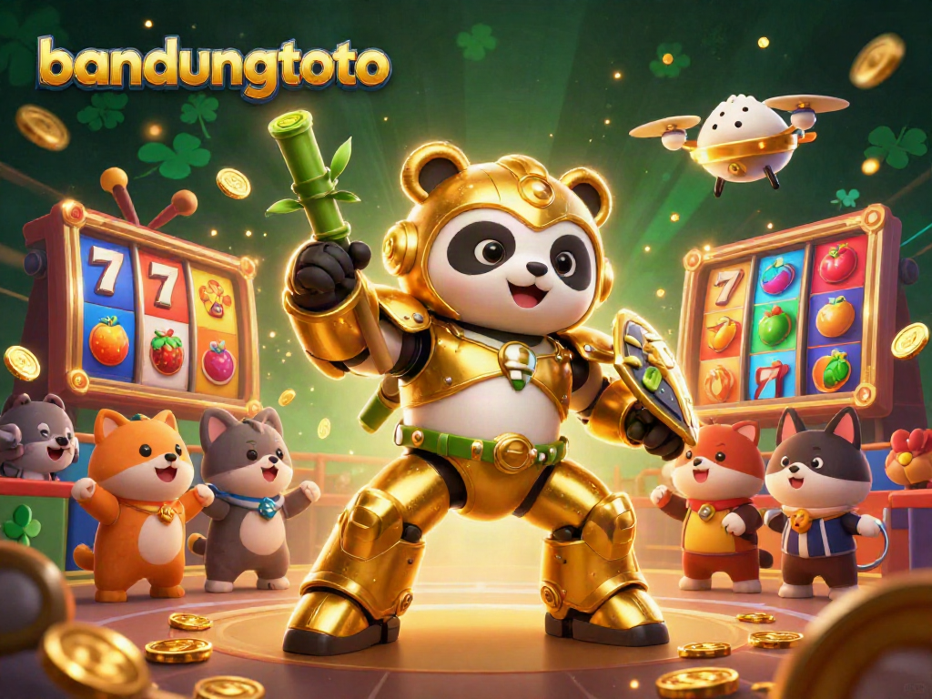 Join the bandungtoto gaming adventure with a golden panda mech-suit in a vivid casino scene.