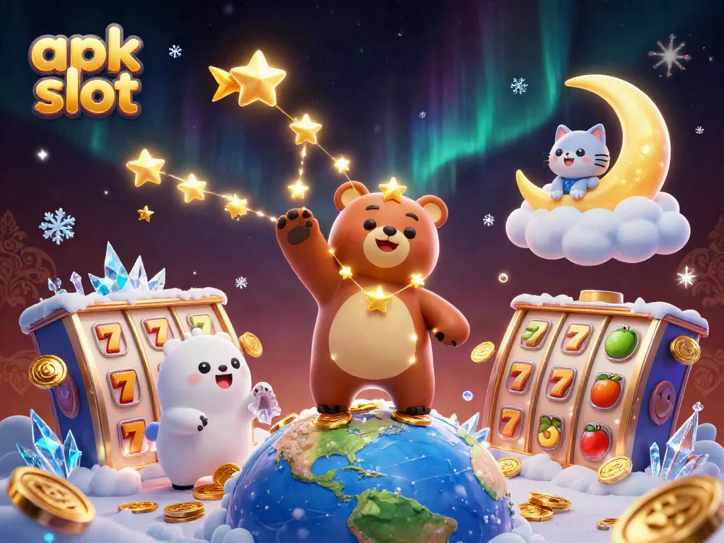 Menangkan jackpot di apk slot dengan simbol slot berkilau dan koin berlimpah di langit malam.