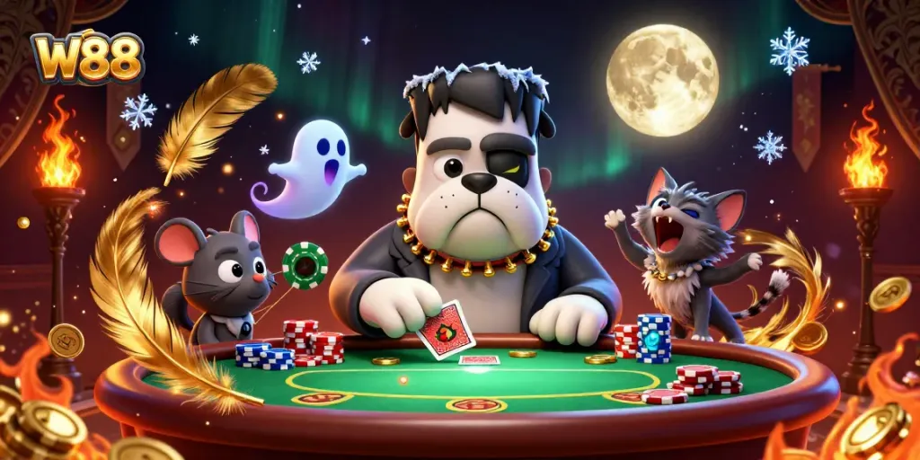 W88 players enjoying an exciting poker game with a ghost mouse and a werewolf kitten in the action.