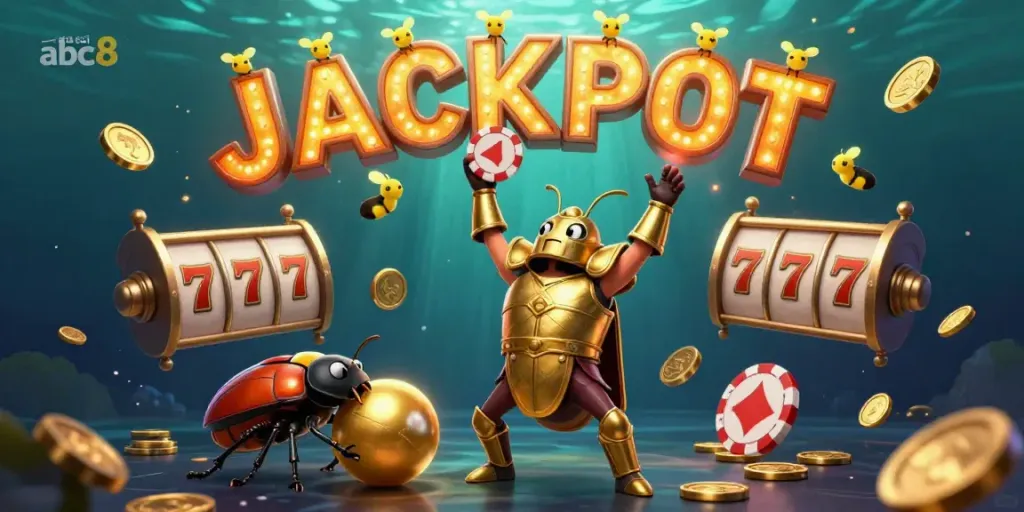 Spin the reels at nhà cái abc8, where victorious beetles celebrate wins amidst colorful slot games and glimmering coins.
