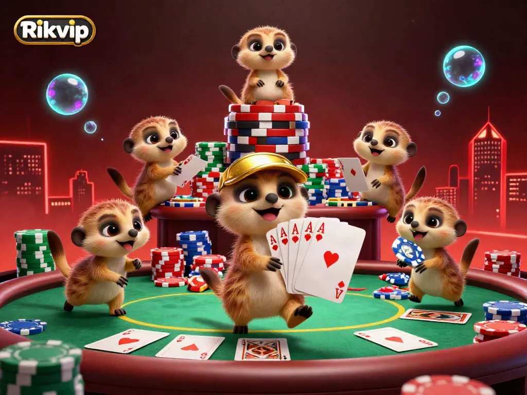Join the virtual casino fun with Rikvip's meerkats as they play thrilling poker and manage chips!