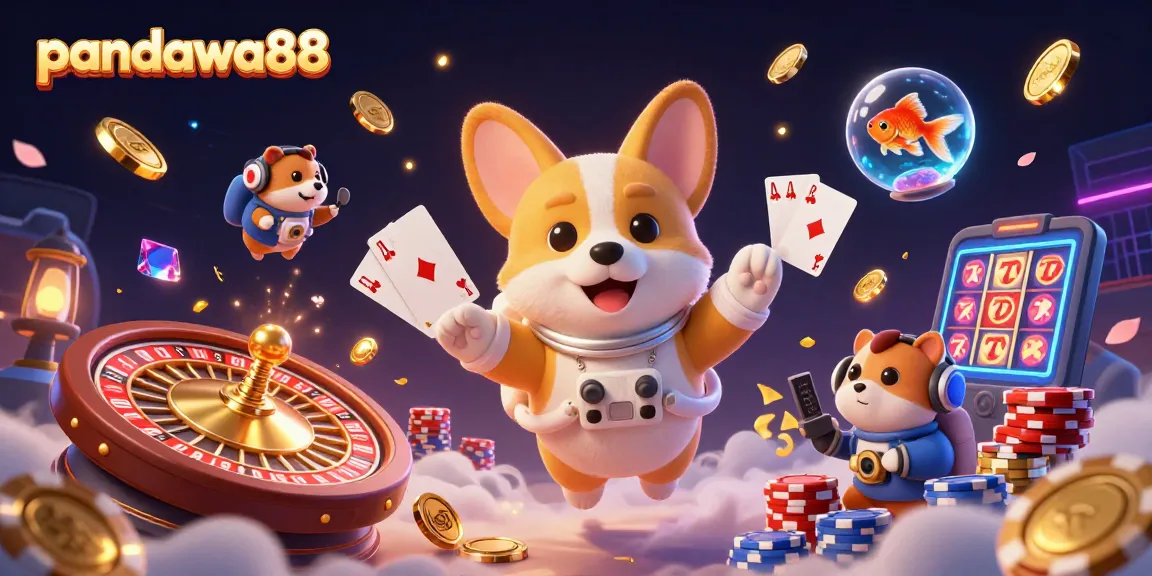 Menggandakan keseruan bermain di pandawa88 dengan interaksi astronaut corgi dan kasino luar angkasa dalam ilustrasi 3D