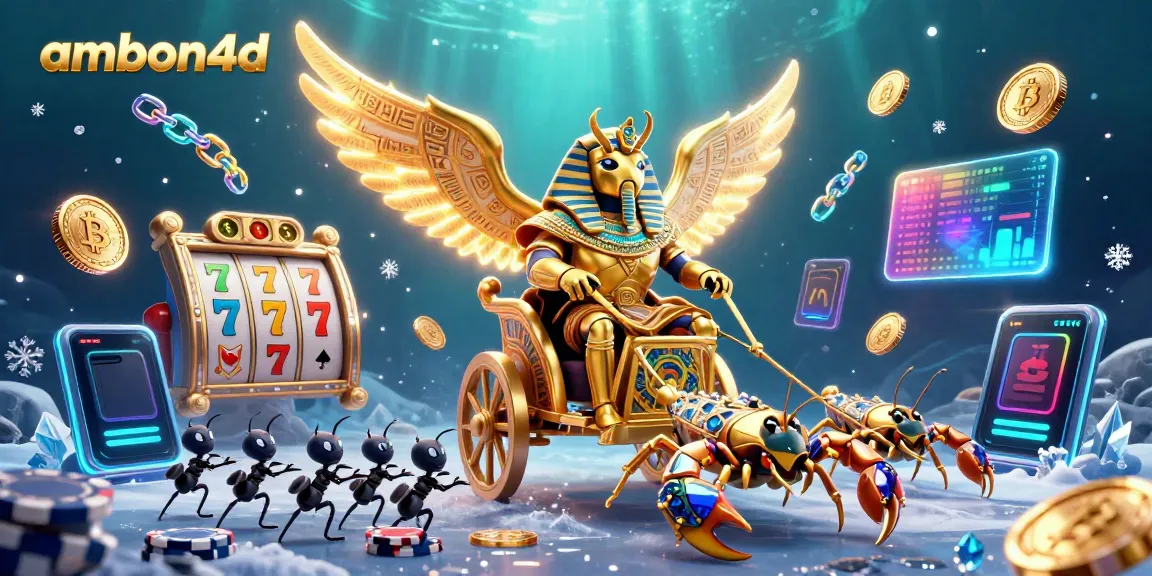 Engage with ambon4d's thrilling slot games illustrated by a cartoon pharaoh beetle and scorpions amidst glowing crypto elements.